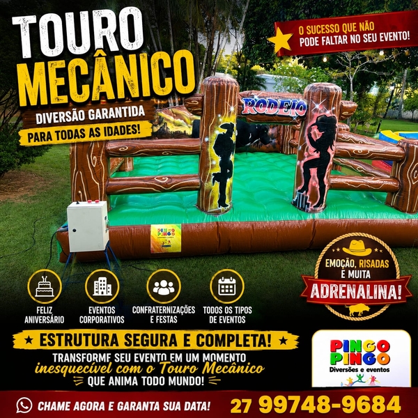 Touro Mecânico, Guerra de Cotonetes Ringue, Algodão Doce, Pipoca, Tobogã Grande, Pula Pula
